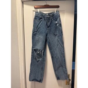 Good American Good 90s Duster Distressed Straight Leg Blue Jeans 8/29 GNDU999T